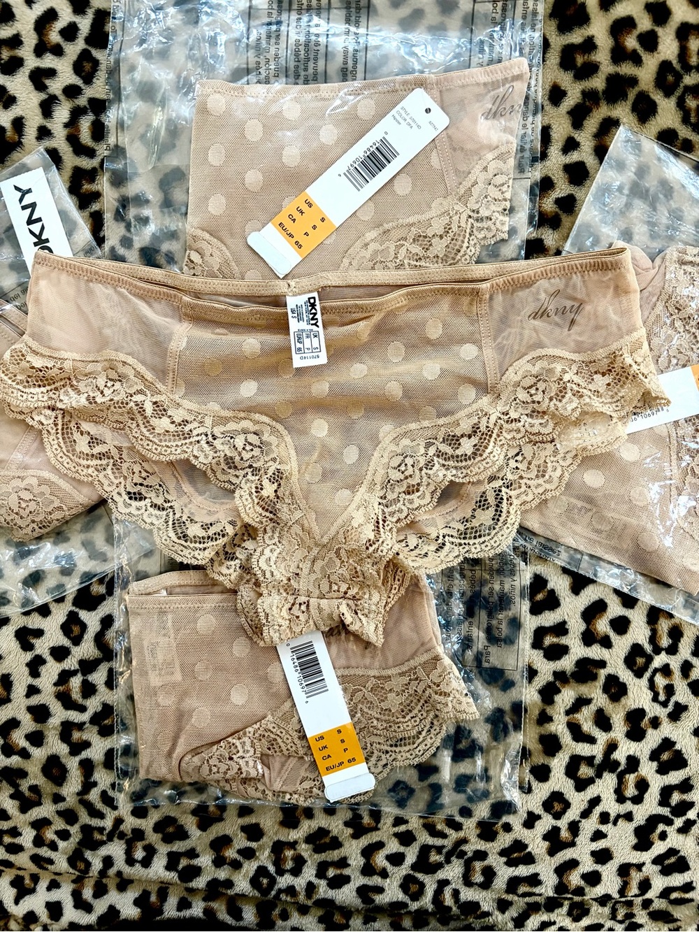 5 pairs in packages DKNY Sheer Polka Dot Lace Bikini Panty in Nude Blush